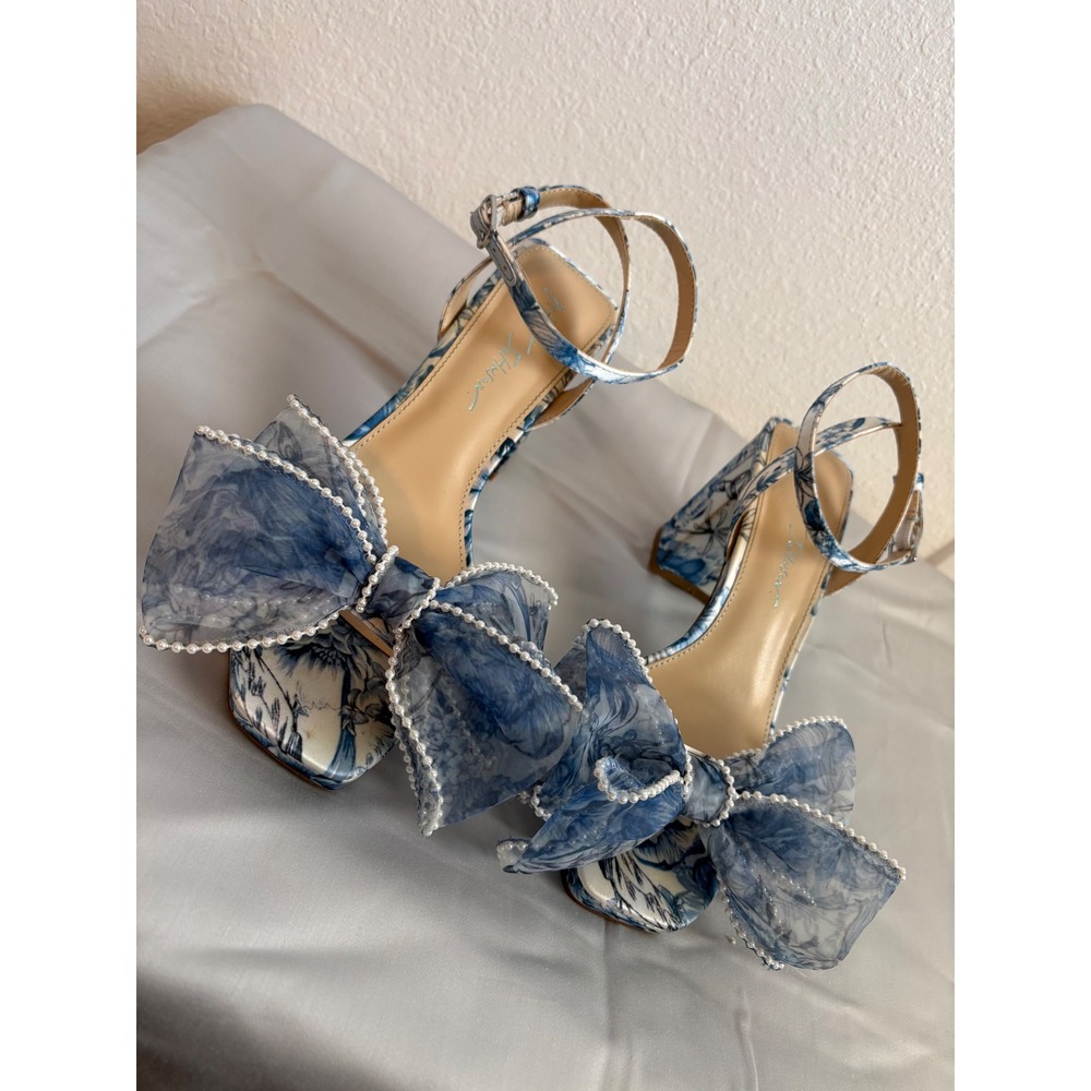 Betsey Johnson 7.5 SB-Duke platform block heels floral blue white open toe bow - Picture 3 of 12